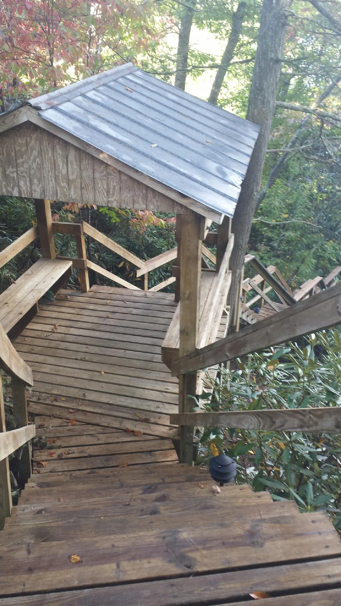 Metal roofed shelter over wooden steps on a wooded walkway — Skylight Repair & Installation work by our crew in Castella